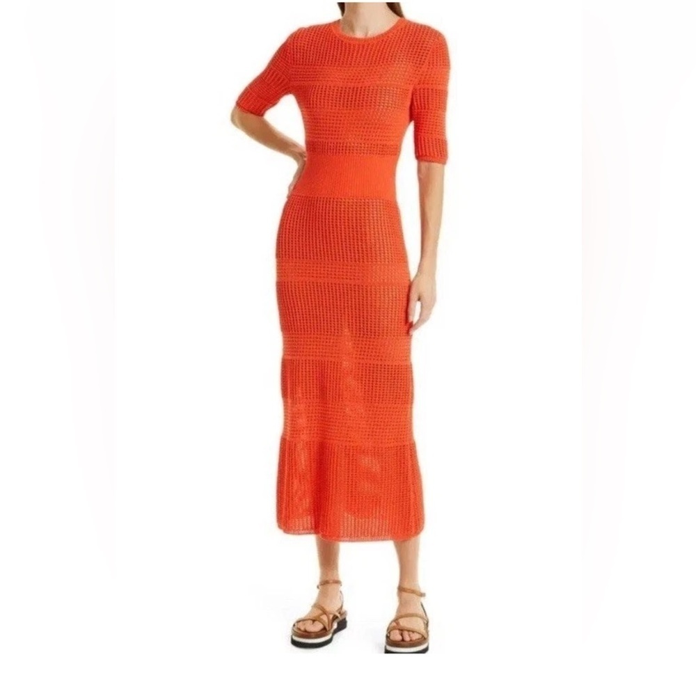 Jason Wu Collective Mixed Open Knit Crewneck Maxi Dress Coral Orange Sz M Sheer